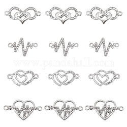 SUNNYCLUE 40Pcs 4 Styles Heart Theme Alloy Rhinestone & Cubic Zirconia Connector Charms, Mixed Shapes, Antique Silver & Platinum, 12.5~29.5x15.5~28x1.5~2.5mm, Hole: 1.4~1.6mm, 10pcs/style