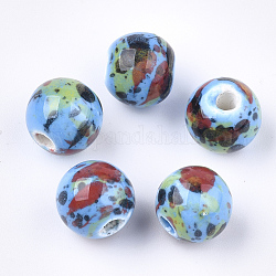 Handmade Porcelain Beads, Fancy Antique Glazed Porcelain, Round, Deep Sky Blue, 10.5x9.5mm, Hole: 2.5mm