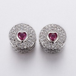 Messing Mikro ebnen Zirkonia European Beads, Großloch perlen, flach rund mit Herz, mittelviolett rot & klar, Platin Farbe, 11x9 mm, Bohrung: 4.5 mm