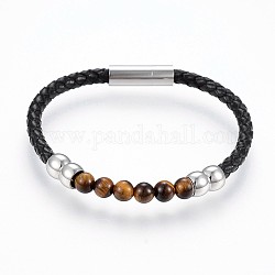 Braided Leather Cord Bracelets, with Natural Tiger Eye and 304 Stainless Steel Magnetic Clasps, 8-1/4 inch(21cm), 5~8mm, Bead: 6.5mm