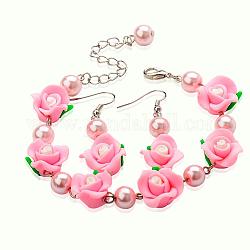 Jewelry Sets: Earrings & Bracelets, with Handmade Polymer Clay Flower Beads, Glass Pearl Beads, Brass Earring Hooks and Alloy Lobster Claw Clasps, Pink, Bracelets: 210mm, Earrings: 49mm