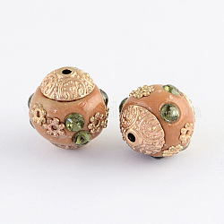 Round Handmade Indonesia Beads, with Rhinestones and Alloy Cores, Rose Gold, Peru, 14~15x14mm, Hole: 1.5mm
