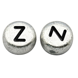 Perles de lettre à trou horizontal acrylique plaqué couleur argent, plat rond, letter.z, 7x3.5mm, Trou: 1mm, environ 345 pcs/48 g