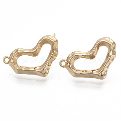 Brass Stud Earring Findings, with Loop, Nickel Free, Hammered, Heart, Real 18K Gold Plated, 12.5x20x3mm, Hole: 1.2mm, Pin: 0.7mm