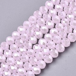 Galvanisieren Glasperlen, imitatorische Jade Perlen, Mit Perlglanz plattiert, facettiert, Rondell, rosa, 6x5 mm, Bohrung: 1 mm, ca. 85~88 Stk. / Strang, 16.1~16.5 Zoll (41~42 cm)