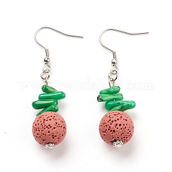Natural Lava Rock Dangle Earrings, with Synthetic Gemstones, Alloy Spacer Beads and Stainless Steel Earring Hooks, Round, Coral, 55~56mm, Pin: 0.7mm