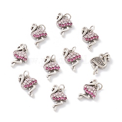 Messing Micro Pave Cerise & rosa Zirkonia Charms, mit Ringe springen, langlebig plattiert, Schwan, Antik Silber Farbe, 14x7.5x2.5 mm, Sprungring: 4x0.5 mm, Innendurchmesser: 2.5 mm