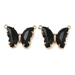 Brass Pave Faceted Glass Connector Charms, Golden Tone Butterfly Links, Black, 17.5x23x5mm, Hole: 0.9mm