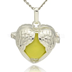 Silver Color Plated Brass Hollow Heart Cage Pendants, with No Hole Spray Painted Brass Ball Beads, Yellow, 28x30x16mm, Hole: 3x8mm