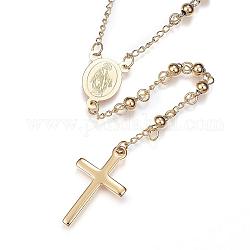 Colliers chapelet perles en 304 acier inoxydable, avec pendentif croix et homard fermoirs griffe, or, 25.6 pouce (65 cm)