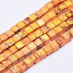 Hilos de cuentas de jaspe imperial natural, teñido, cubo, naranja, 4mm, agujero: 0.8 mm, aproximamente 195 pcs / cadena, 15.7 pulgada