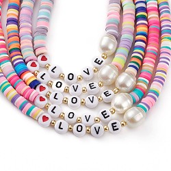 Colliers de perles heishi en pâte polymère arc-en-ciel de la saint valentin, avec des perles acryliques, Perles de rocaille en verre et en alliage homard fermoirs griffe, mot d'amour, platine, couleur mixte, 15.35 pouce (39 cm)