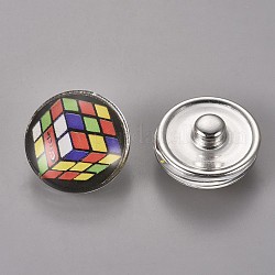 Bottoni a pressione gioielli in ottone, con cabochons di vetro, rotondo e piatto, colore metallico platino, colorato, 18x9~10mm, knob: 5.5~6mm