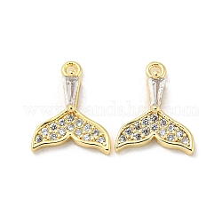 Brass Micro Pave Clear Cubic Zirconia Charms, with Glass, Fishtail Shape, Real 18K Gold Plated, 12x9x1.5mm, Hole: 1mm