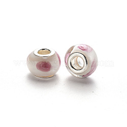 Perles européennes vernissées manuelles, perles de rondelle avec grand trou , en laiton de tonalité de platine noyaux doubles, avec motif pétaline, floral blanc, 14~16x9~10mm, Trou: 5mm