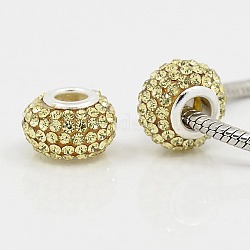 Grade A Rhinestone European Beads, Large Hole Beads, Resin, with Silver Color Plated Brass Core, Rondelle, Jonquil, 15x10mm, Hole: 5mm
