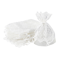 PandaHall Elite Organza Gift Bags with Lace, Rectangle with Flower Pattern, Creamy White, 14~15x10~11cm
