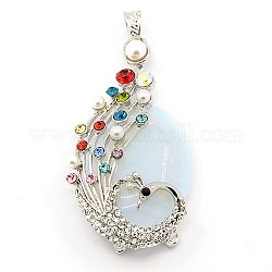 Multi-Color Alloy Rhinestone Peacock Setting with Oval Opalite Big Pendants, Platinum Metal Color, 66x33x15mm, Hole: 7x5mm