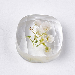 Cabochons en résine, avec fleurs séchées à l'intérieur, facette, carrée, blanc, 16x16x7mm