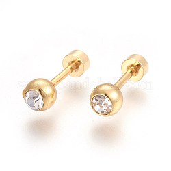 304 Stainless Steel Earlobe Plugs, Screw Back Earrings, with Rhinestone, Flat Round, Crystal, Golden, 13mm, Flat Round: 5mm, Pin: 1mm