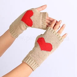 ポリアクリロニトリル繊維糸編み指なし手袋  親指穴付きのツートンカラーの冬用暖かい手袋  ハート柄  パパイヤウィップ＆レッド  190x70mm