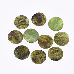 Sprühfarbe natürliche Akoya Muschel Anhänger, Perlmutt Muschel Anhänger, Flachrund, Olive, 15x1~3 mm, Bohrung: 1.1~1.5 mm