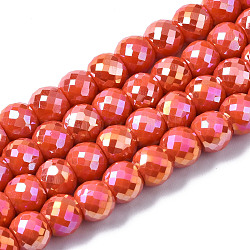 Chapelets de perles en verre électroplaqué, de couleur plaquée ab , facette, ronde, rouge-orange, 8x6mm, Trou: 1.2mm, Environ 80 pcs/chapelet, 18.66~19.76 pouce (47.4 cm ~ 50.2 cm)