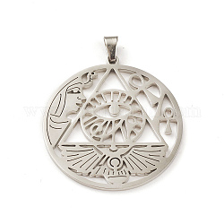 304 Stainless Steel Hollow Pendants, Flat Round with Eye of Horus & Ankh Cross & Wing Charm, Stainless Steel Color, 34x32x1.5mm, Hole: 4.5x3mm