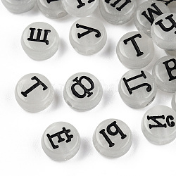 Luminous Acrylic Beads, Glow in the Dark, Flat Round with Russian Alphabet, Black, 7x4mm, Hole: 1.8mm, about 3600pcs/500g