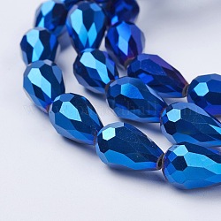 Abalorios de vidrio electroplate hebras, facetados, lágrima, azul chapado, 15x10mm, agujero: 1 mm, aproximamente 50 pcs / cadena, 27.1 pulgada