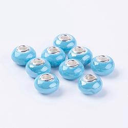 Perles européennes en porcelaine manuelles, avec noyaux double de couleur argente en alliage , rondelle, bleu ciel, 15x10~11mm, Trou: 5mm