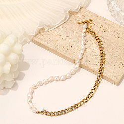 Collar de perlas naturales con cadenas de eslabones cubanos de acero inoxidable, dorado, 17.72 pulgada (45 cm)