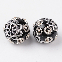 Runde Perlen mit handgefertigten Indonesien, mit Acryl und Legierungskerne, Platin Farbe, Schwarz, 19x18 mm, Bohrung: 1.5 mm