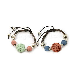 Bracelets de perles de pierre de lave, cordon de coton ciré avec accessoires en alliage, couleur mixte, 46mm, perles de pierre de lave: 12~21x7~11mm, accessoires en alliage: 4~12x1~7 mm