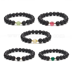 Natural Lava Rock & Dyed Agate Beaded Stretch Bracelets, Electroplate Non-magnetic Synthetic Hematite Jewelry for Women, Mixed Color, Inner Diameter: 2-1/2 inch(6.5cm)