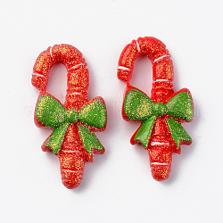 Cabochons en résine, avec de la poudre de paillettes, le thème de Noël, opaque, Cannes de bonbon, avec bowknot, verte, rouge, 29x14x6mm
