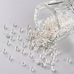 8/0 Perlas de semillas de vidrio, plata forrada agujero redondo, redondo, blanco, 3mm, agujero: 1 mm, aproximamente 2222 unidades / 100 g