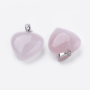 Pendentifs de quartz rose naturel, avec les accessoires en laiton, cœur, platine, 23x20x7~9mm, Trou: 5x8mm