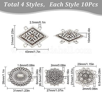 SUNNYCLUE 1 Box 40pcs 4 Style Western Chain Belt Filigree Connector Charms Cowboy Waist Body Chains Concho Belts Tibetan Style