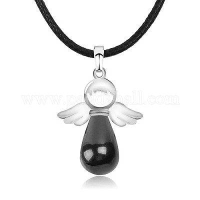 Collane con ciondolo in agata nera naturale con angelo&nbsp;OH8264-02-1