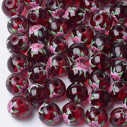 プリント＆スプレー塗装透明ガラスビーズ  花模様の丸  暗赤色  8~8.5x7.5mm  穴：1.4mm GLAA-S047-04A-15-1