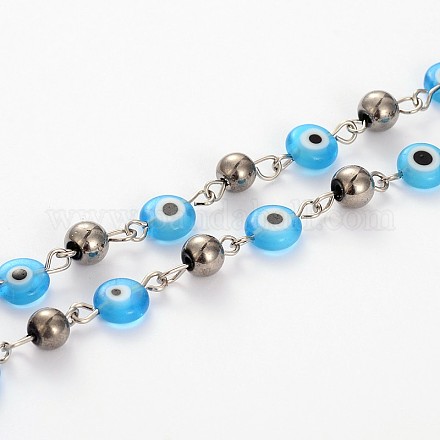 Handmade Evil Eye Lampwork Flat Round Beads Chains for Necklaces Bracelets Making AJEW-JB00111-02-1