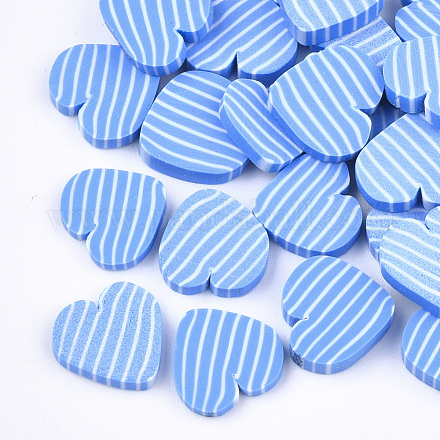 手作り樹脂クレイカボション  縞模様の心  コーンフラワーブルー  9x8.5~10x1~2mm CLAY-S092-47-1