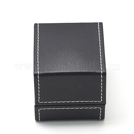 プラスチック模造革製のリングボックス  ベルベットと  長方形  ブラック  6.8x6.1x5.8cm OBOX-Q014-25-1