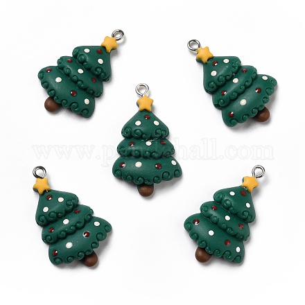 不透明樹脂ペンダント  プラチナトーンの鉄ループ付き  クリスマスツリー  濃い緑  32.5x20x5mm  穴：2mm RESI-D055-117P-1
