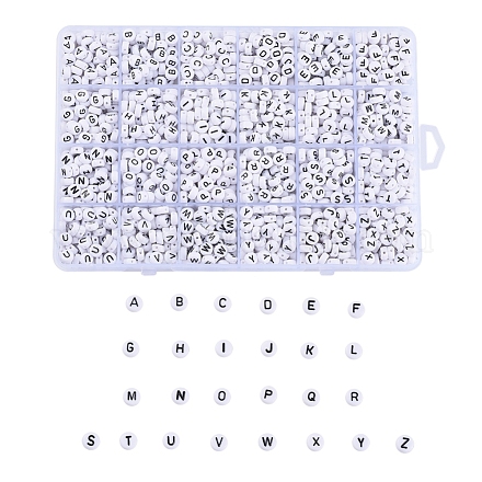 不透明なアクリルビーズ  水平穴  フラットラウンド  アルファベットスタイル  ホワイト  a～zの文字  7x4mm  穴：1mm  約1488個/箱 SACR-X0015-11-1