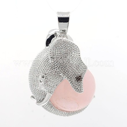 Platinum Plated Brass Elephant Covered with Natural Round Ball Gemstones Pendants G-O037-02-1