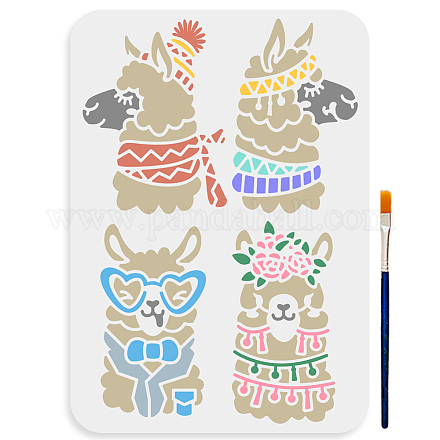 MAYJOYDIY 4 Styles Alpaca Stencils 11.7×8.3inch Large Llama Painting Stencil with Paint Brush Alpacas Wearing Hat Scarf Sunglasses Bow Tie Flower Country Animal Template for DIY Craft Home Decor DIY-MA0003-11-1