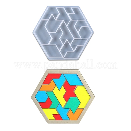 六角タングラムパズルシリコンモールド  鋳造金型  UVレジン用  エポキシ樹脂ロジックIQゲームおもちゃクラフト作り  ホワイト  160x181x8mm  内径：18~69x20~62mm DIY-I046-09-1