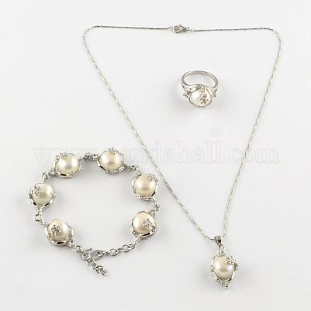 Perla natural collar de abalorios y pulseras y anillos conjuntos con los fornituras de bronce tono de platino SJEW-R045-02-1
